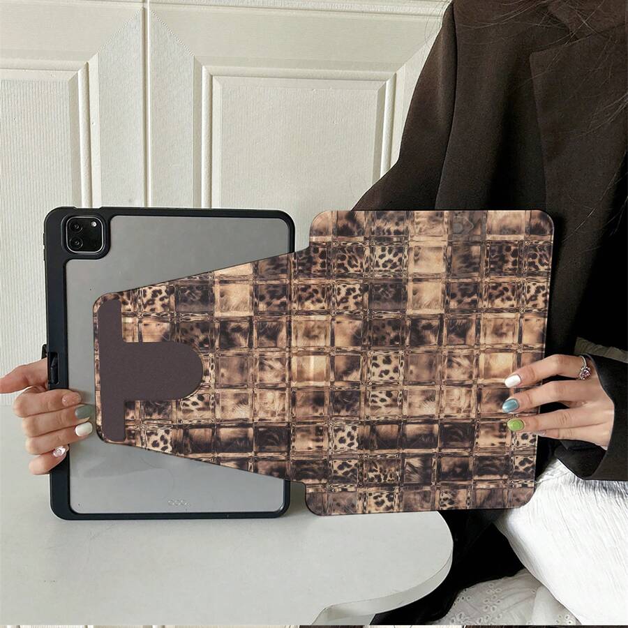 1件棕色豹紋拼接格紋 360°可旋轉平板保護殼 多角度觀看書本式支架平板保護殼，相容 iPad A16 2025、 Galaxy Tab S9 FE/S8 Plus/S7/S10、Oppo Pad、 MatePad、Vivo Pad、Honor Pad、 Xiaoxin Pad