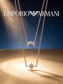 Armani Women's Double Layer Necklace, Rose Gold Chain, Rhinestone Crescent Moon & Octagon Star Pendant, Celestial Elements, Delicate & Elegant, Mysterious Night Gift - Rose Gold - View 6