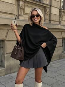 Women's Bohemian Style Black Asymmetrical Collar Cape-Style Long Sleeve Top, Draped Regular Length Woven Blouse, Suitable For Autumn Wear - Black - View 9
