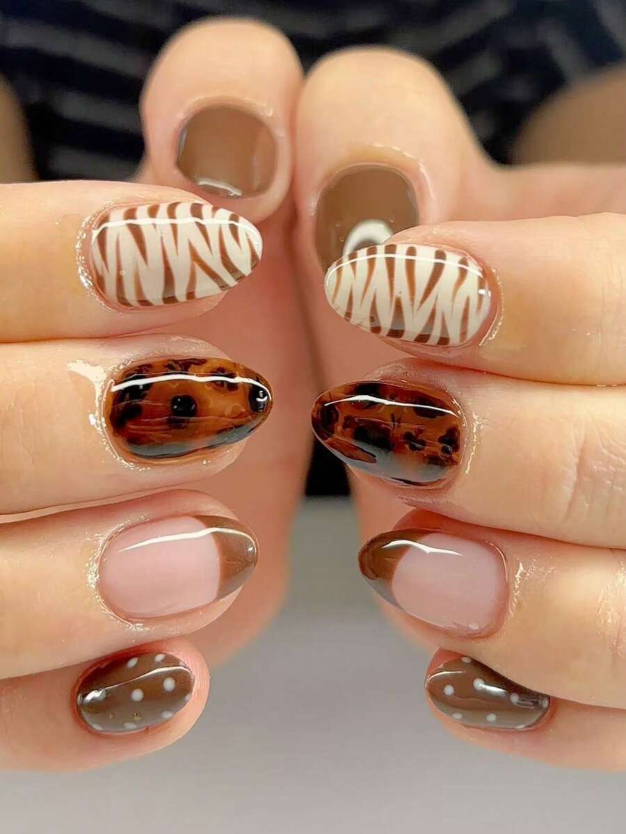 30pcs Short Oval French Press-On Nails, Brown Nails, Polka Dot Nails, Leopard Print Nails, Striped Nails Design, Acrylic False Nails Set, Includes: 1pc Jelly Glue And 1pc Nail File. Autumn/Winter Nails. - Multicolor - View 1