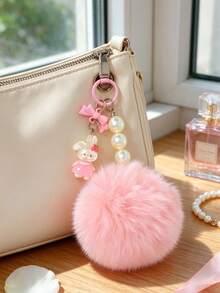Pink Plush Ball Rabbit Pearl Keychain, Featuring Cute Rabbit, Pearl Chain And Fluffy Pom Pom, Soft And Sweet, Girly Style, Suitable As Car Key Ring, Bag Pendant And Backpack Decoration, Also Perfect For Birthday And Holiday Gifts, Adding A Gentle And Healing Cute Touch To Daily Outfits - Pink - View 2