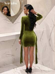 NEW IDEA Women Luxe Olive Green Winter Velvet Short Dress, Square Neck Long Sleeve Bodycon Mini Dress For Christmas, Cocktail, Party, Night Out - Green - View 5