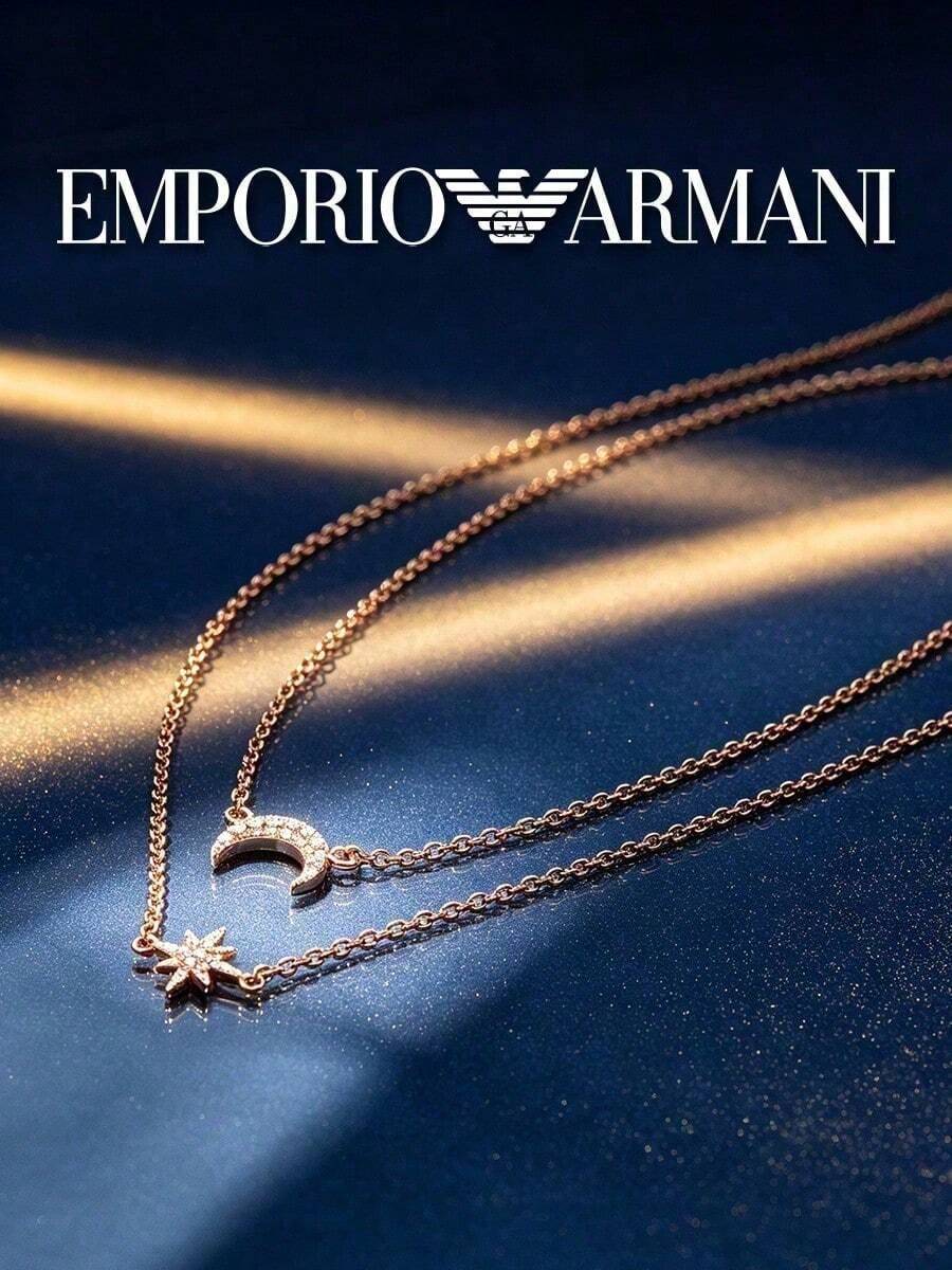 Armani Women's Double Layer Necklace, Rose Gold Chain, Rhinestone Crescent Moon & Octagon Star Pendant, Celestial Elements, Delicate & Elegant, Mysterious Night Gift - Rose Gold - View 1