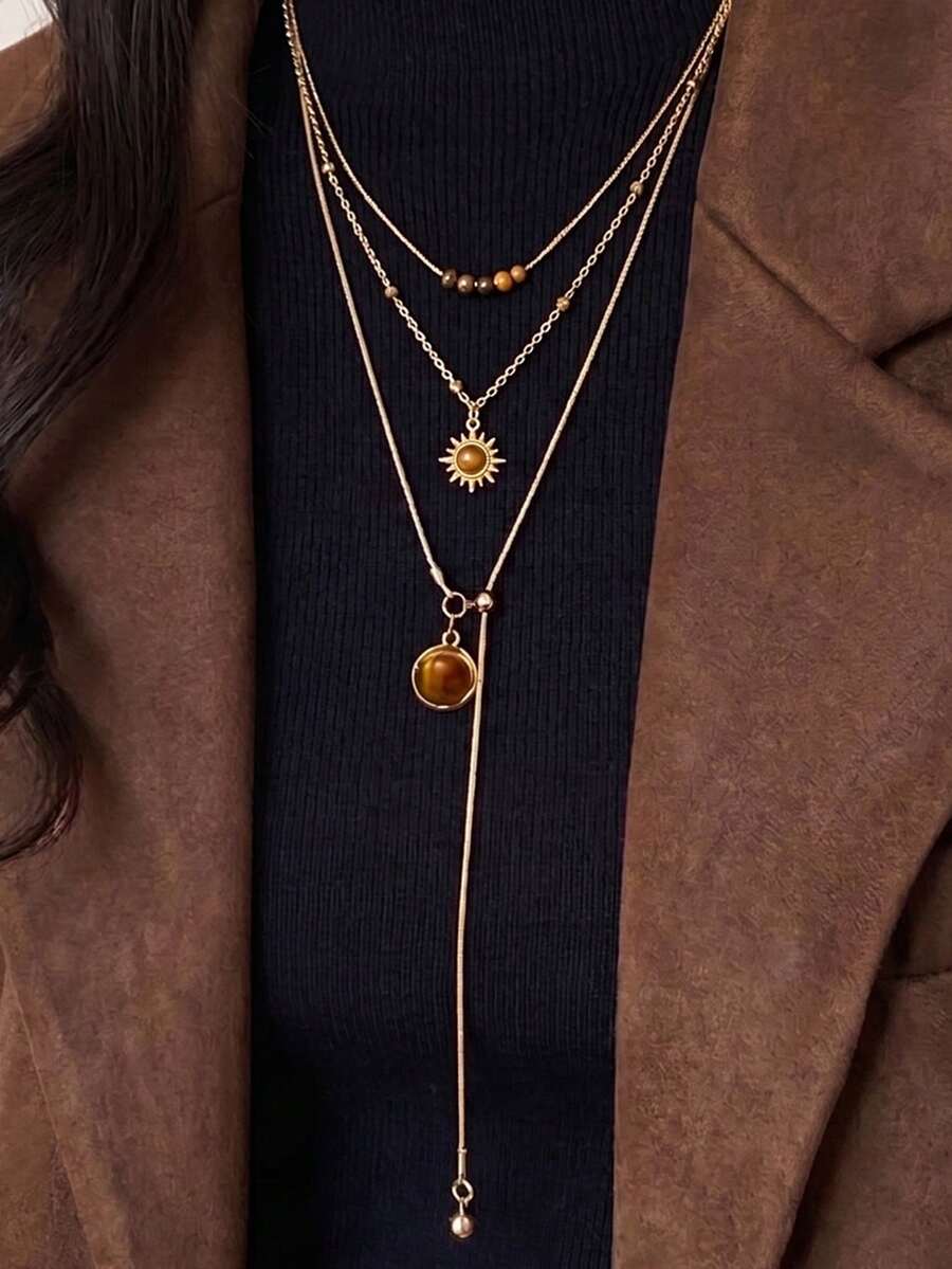 3pcs Sun Tiger Eye Beaded Pull Necklace Set, Long Y-Shaped Chain, Suitable For Women's Daily Wear, Dating, Vacation, Wedding, Holiday And Casual Outfits - Gold - View 1