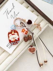 1pc Caramel Brown Bear Keychain, Vintage Leopard Print Heart Bow Beaded Pendant, Style Bag Charm - Multicolor - View 3