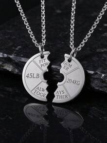 2PCS Silver Tone Split Circle Couple Pendant Necklaces, Engraved Matching Jewelry, Unisex, Valentine's Day & Anniversary Gift - Silver - View 1