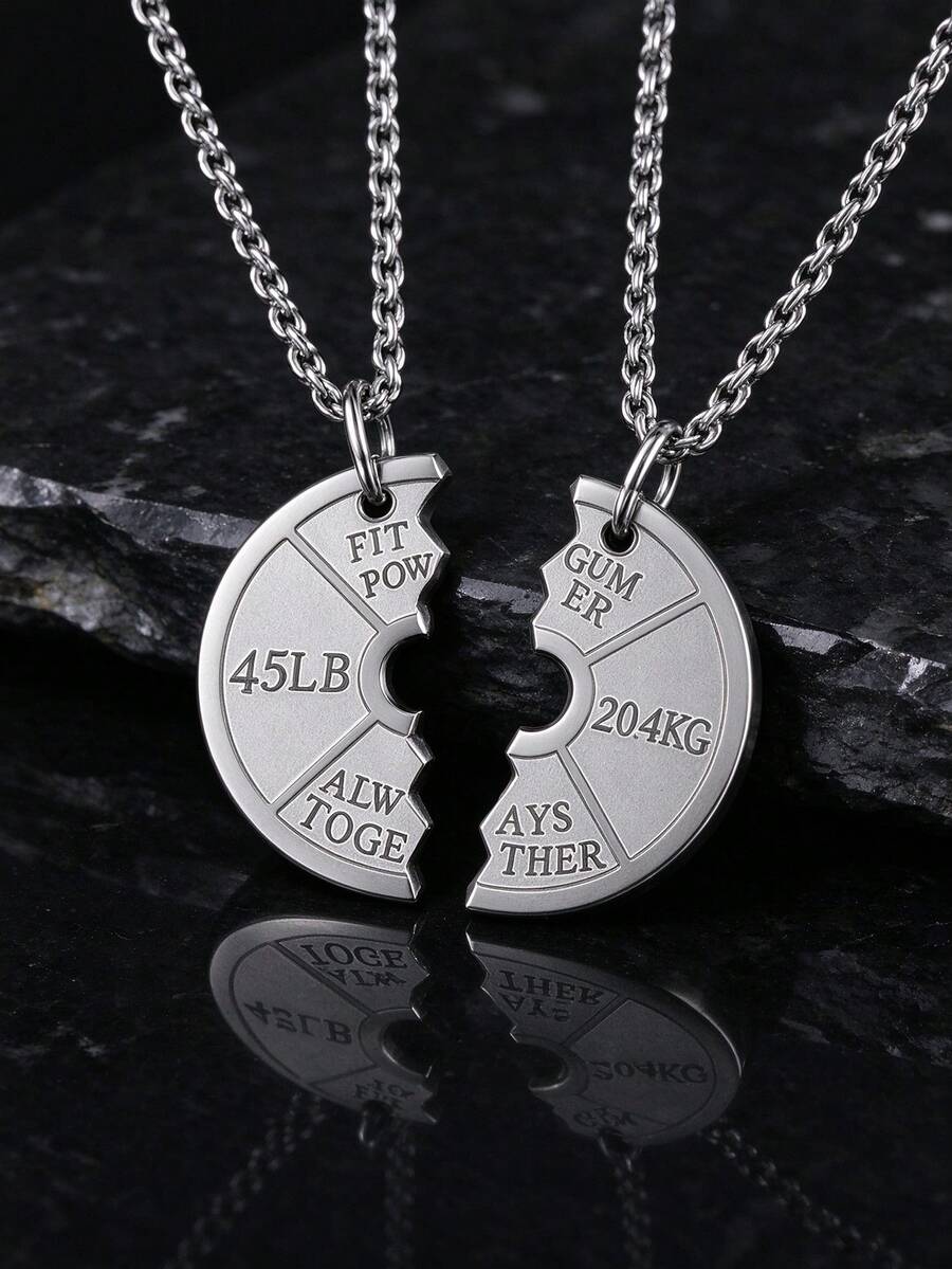2PCS Silver Tone Split Circle Couple Pendant Necklaces, Engraved Matching Jewelry, Unisex, Valentine's Day & Anniversary Gift - Silver - View 1