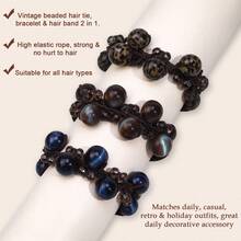 Retro Beaded Hair Scrunchie For Women, Leopard Print & Crystal Bead Elastic Hair Tie, Y2K Boho Ponytail Holder, Gift For Girls - Multicolor - View 5