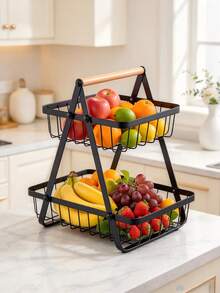 2/3 Tier Drainage Storage Basket With Wooden Handle, Sturdy Countertop Organizer For Kitchen & Bathroom, Fruit Vegetable Storage, Space Saving Home Storage Basket - Multicolor - View 7