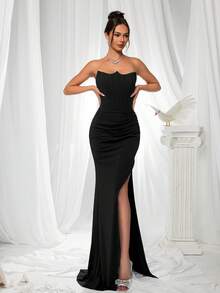 VIPGIRL Elegant Long Evening Gown With Ruched Bodice, Criss-Cross Back Tie And Side Slit - Black - View 4