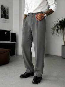 Men's Business Casual Black Suit Pants, Semi-Elastic Waist Pleated Loose Straight Leg - Dark Grey - View 2