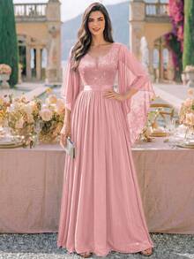 MIUSOL Deep V-Neck Sequin Patchwork Floral Lace Chiffon Formal Party Maxi Dress, Elegant Women's Party Gown Pink Spring - Pink - View 2