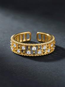 1pc Women's Gold & Silver Hollow Rhinestone Wide Band Ring, Adjustable Open Intertwined Round Rhinestone Ball Edge Ring, Vintage Geometric Main Decoration Jewelry - Multicolor - View 7