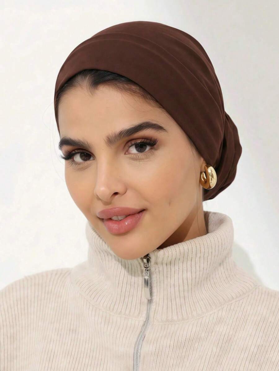 1PC Classic Solid Color Women's Headscarf, Multifunctional And Practical Elastic Headscarf, Comfortable And Soft, Suitable For Daily Wear, Sports Yoga - Coffee - View 1