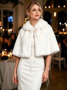 Bridal Wedding Warm Shawl With Faux Fur Collar, Suitable For Bridal Gowns, Autumn/Winter - Multicolor - View 4