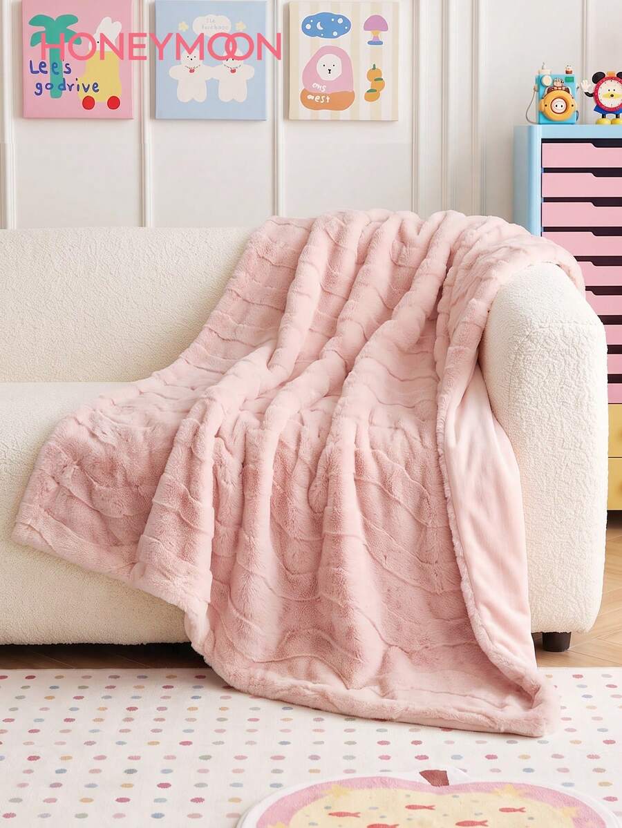 HONEYMOON 1pc Super Soft Wave Faux Rabbit Fur Throw, Pink Bedroom Decor, Casual Nap Blanket For Office, Room Decor, Suitable For Napping, Office, Camping, Sofa - Multi-Functional Polyester Bedspread, Winnter Home Decor, Perfect Christmas Gif - Pink - View 1
