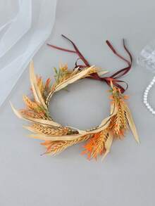 1pc Faux Grain Leaf Floral Crown Headband With Ribbon Tie Boho Bridal Wedding Beach Photo Props Hair Accessories - Orange - View 2
