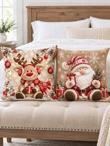 shangxia 2PCS-Christmas Pattern Printed Pillow Covers, Cute Santa Claus Red Nose Reindeer Snowflake Ball Decor Sofa Cushion Covers---(Pillow Insert Not Included) - Multicolor - View 1