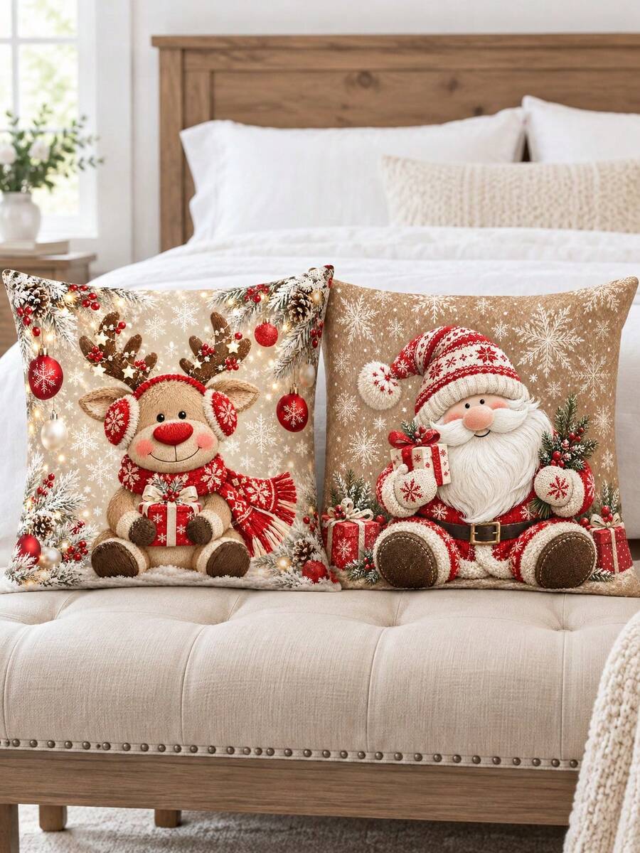 shangxia 2PCS-Christmas Pattern Printed Pillow Covers, Cute Santa Claus Red Nose Reindeer Snowflake Ball Decor Sofa Cushion Covers---(Pillow Insert Not Included) - Multicolor - View 1