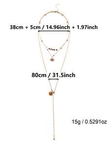 3pcs Sun Tiger Eye Beaded Pull Necklace Set, Long Y-Shaped Chain, Suitable For Women's Daily Wear, Dating, Vacation, Wedding, Holiday And Casual Outfits - Gold - View 3