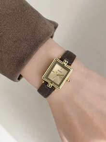 1pc Vintage Quartz Watch, Daily Wear, PU Leather Strap, Square Dial, Business Casual Minimalist Style Compact Watch, Gift Selection - Brown - View 3