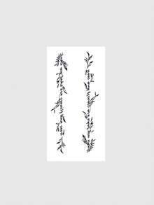 1 Shett Black Botanical Temporary Tattoo Stickers, Long Vertical Vine & Leaf Designs With Script Lettering, Fine Line Floral Spine Back Tattoo Decals For Women, Minimalist Boho Nature Body Art For Festivals, Parties & Everyday Wear - Black - View 2