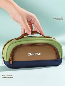 1pc Foldable Handheld Pencil Bag, Multi-Compartment Large Capacity Storage Pouch, Vintage Color Block Design, For Daily Use, Students, Kids - Multicolor - View 7