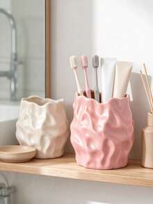 1pc Wrinkled Texture Toothbrush Cup, Aesthetic Asymmetrical Wavy Edge Storage Box, Bathroom Vanity Countertop Decor Organizer, Modern Minimalist Desktop Accessory, Suitable For Makeup Brushes, Pens, Pencils, Available In White, Pink, Black, Beige - Multicolor - View 6