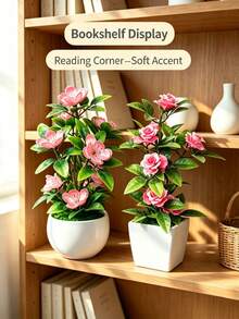 Home Decor Small Potted Plants Pink Series Wax Plum + Rose, Anti-Ceramic Plastic White Round Pot, White Square Pot, Fresh Style, Desktop Office Desk Photo Prop Small Bonsai, Decorative Flower Pot - Pink - View 2