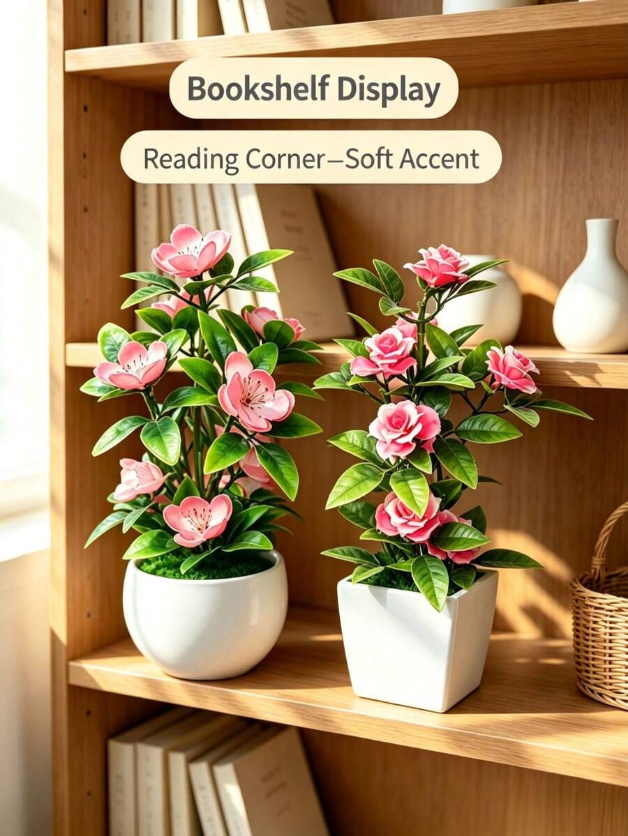 Home Decor Small Potted Plants Pink Series Wax Plum + Rose, Anti-Ceramic Plastic White Round Pot, White Square Pot, Fresh Style, Desktop Office Desk Photo Prop Small Bonsai, Decorative Flower Pot