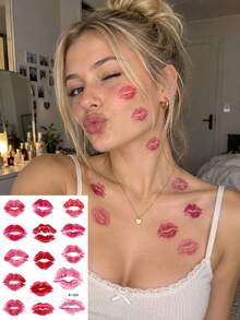 Kiss Print Temporary Tattoos For Women, Waterproof Lip & Heart Tattoo Stickers, Long-Lasting Red Pink Lipstick Body Art For Face, Neck, Chest, Party, Festival, Date Night & Photo Props - Multicolor - View 7