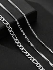 Set Kalung 3 Buah Rantai Figaro Bertingkat, Rantai Cuban Link & Rantai Gandum untuk Pria, Baja Tahan Karat, Warna Perak, Kalung Bertumpuk, Perhiasan Gaya Hip Hop Streetwear, Hadiah Perhiasan - Perak - View 3