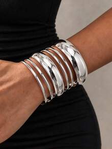 6pcs Vintage Casual Minimalist Plain Bangle Bracelet Set, Suitable For Women's Daily, Vacation And Holiday Wear - Silver - View 7