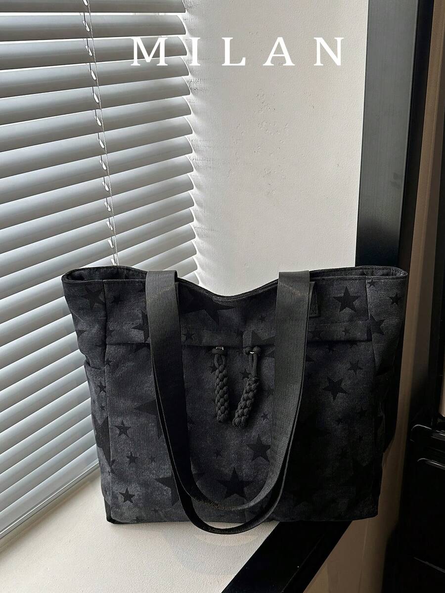 時尚百搭紋理素色羅紋新款多口袋大容量托特包 休閒極簡撞色單肩包