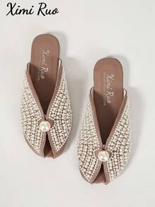 Ximi Ruo Women's Peep-Toe Flat Slides Spring New Fashion Outdoor Wear Rhinestone Closed Toe Slippers Slouchy Mule Shoes Internet Celebrity Closed Toe Slippers Women's Shoes Outdoor Wear Spring Summer New Fashion Pointed Toe Chunky Heel Mule Shoes Rhinestone - Watermelon Pink - View 7