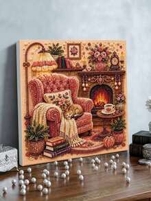 Thanksgiving Cozy Fireplace Room Pearl Art DIY Kit With Frame, Beaded Mosaic Wall Decor - A - View 4