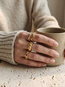 3pcs Gold Modern Art Textured Open Rings Set, Wave Enamel, Twisted Spiral, Chain Hollow, Adjustable Stackable, Fashion Versatile, Minimalist Luxury Women's Accessories - Gold - View 4