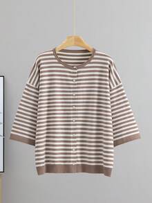GIGOGOU Plus Size 1XL-4XL Summer/Autumn Basic Striped Button-Up Cardigan, Old Money Style Short Knit Top With 5-Inch Sleeves, Back To School Outfit Inspiration - Khaki - View 2