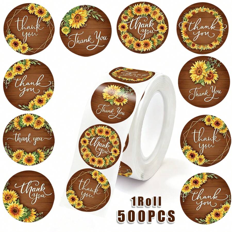 500pcs/Roll 1 Inch Sunflower Thank You Seal Stickers, Commercial Decoration, Baking Gift Packaging Self-Adhesive Labels, Suitable For Small Business, Self-Adhesive Simple Elegant Sealing Stickers Labels For Envelope Sealing, Party Gifts, Decorative Stickers - one-size - View 1