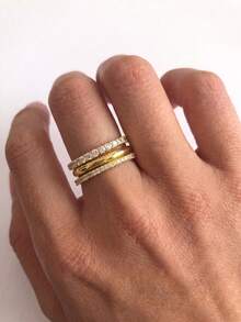 1pc Gold Intertwined Triple Band Ring, Multi Circle Cubic Zirconia Stacking Ring, Elegant Copper Statement Finger Ring For Women Party Daily Jewelry - Multicolor - View 4