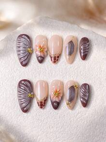 10pcs Handmade Detachable Fake Nails, Red-Brown Autumn French Pointed Nails With Shell Pattern And Water Ripple, Silver Glitter Accents, Handmade 3D Carved Gold Trim, Pearl And Gold Decor, Suitable For Daily Wear, Party, Holiday, Date And Other Occasions - Chocolate Brown - View 3