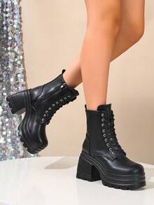 Women's Fashion Wedge Heel Thick Sole Snow Boots With Side Zipper - Black - View 4