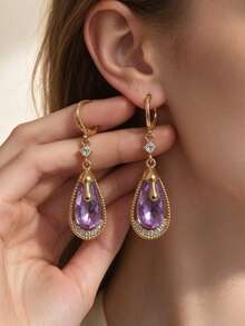 1 Pair Fashionable Personalized Long Elegant Rhinestone Glass Earrings, Suitable For Wedding, Party And Gift - Purple - View 6