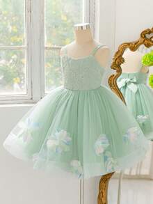 Tween Girls Spaghetti Strap 3D Colorful Floral Beaded Mesh Wedding Flower Girl Dress, Suitable For Graduation Prom, Vacation, Graduation Season, Knee-Length Princess Dress - Green - View 8