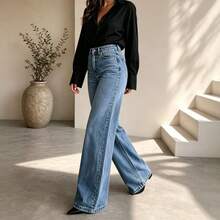 Women's Blue Denim Wide Leg Pants, Button Detail Design, Loose Long Fit, Casual Bohemian Style, Suitable For Spring Wear, Medium Stretch Fabric - Medium Wash - View 6