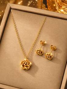VceTd 1 Set Romantic Rose Shaped Stainless Steel Women's Jewelry Set Suitable For Women's Daily Wear Or As A Gift For Your Loved One - Yellow Gold - View 1