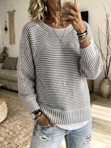 Women's Gray And White Striped Knit Pullover Sweater, Ribbed Knit Detail, Long Sleeve Regular Length Top, Suitable For Autumn And Bohemian Style - Grey - View 1