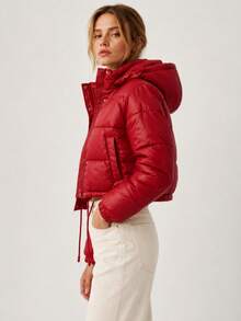 Women's Cropped Puffer Jacket With Detachable Hood, Ribbed Cuffs, Drawstring Hem, Zip And Snap Closure, 2 Pockets - Red - View 2