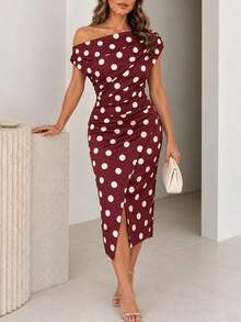 ChicMe Women's Polka Dot Print Asymmetric Neckline Ruched Fitted Dress, Elegant Wrap Slit Midi Dress, Sexy Cocktail Party Outfit - Rose Red - View 8