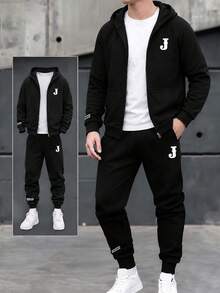 2pcs/Set Tween Boys Casual Workout Solid Color Fleece Letter J Print Hoodie Sweatshirt And Solid Color Jogger Pants Set, High Cost-Effective, Suitable For Commuting, School, Daily Casual, Campus Outings - Black - View 1